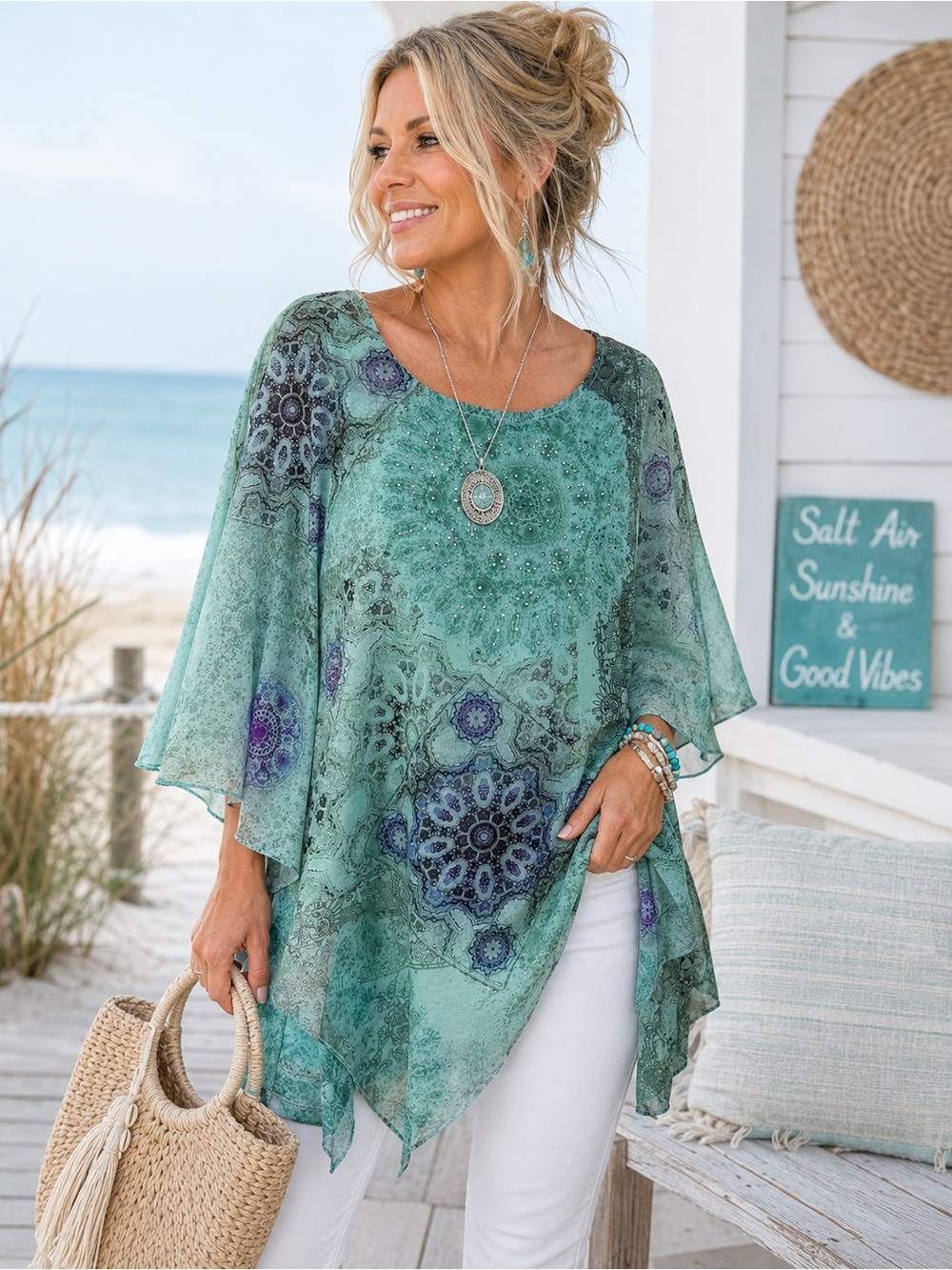 Indigo Soul Boho Tunic Top Large Mint Green Rhinestone Mandala Asymmetrical Hem